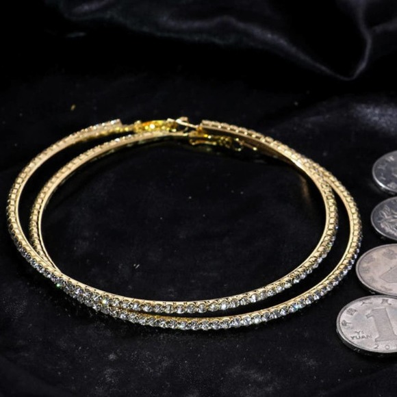 Big Large Gold Hoop Circle Rhinestone Earrings - Picture 2 of 5